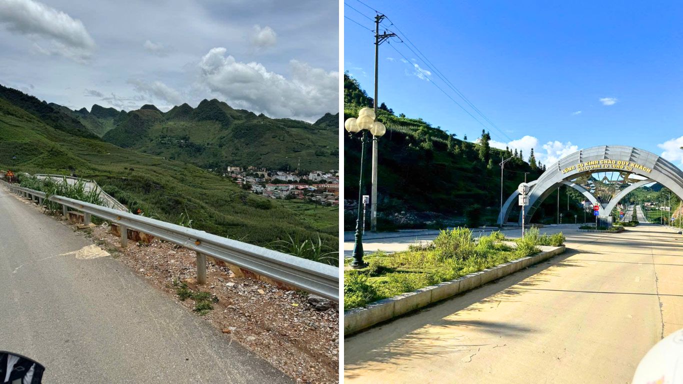 Ha Giang Loop mountain road and Lung Cu welcome gate on a clear July day after rain