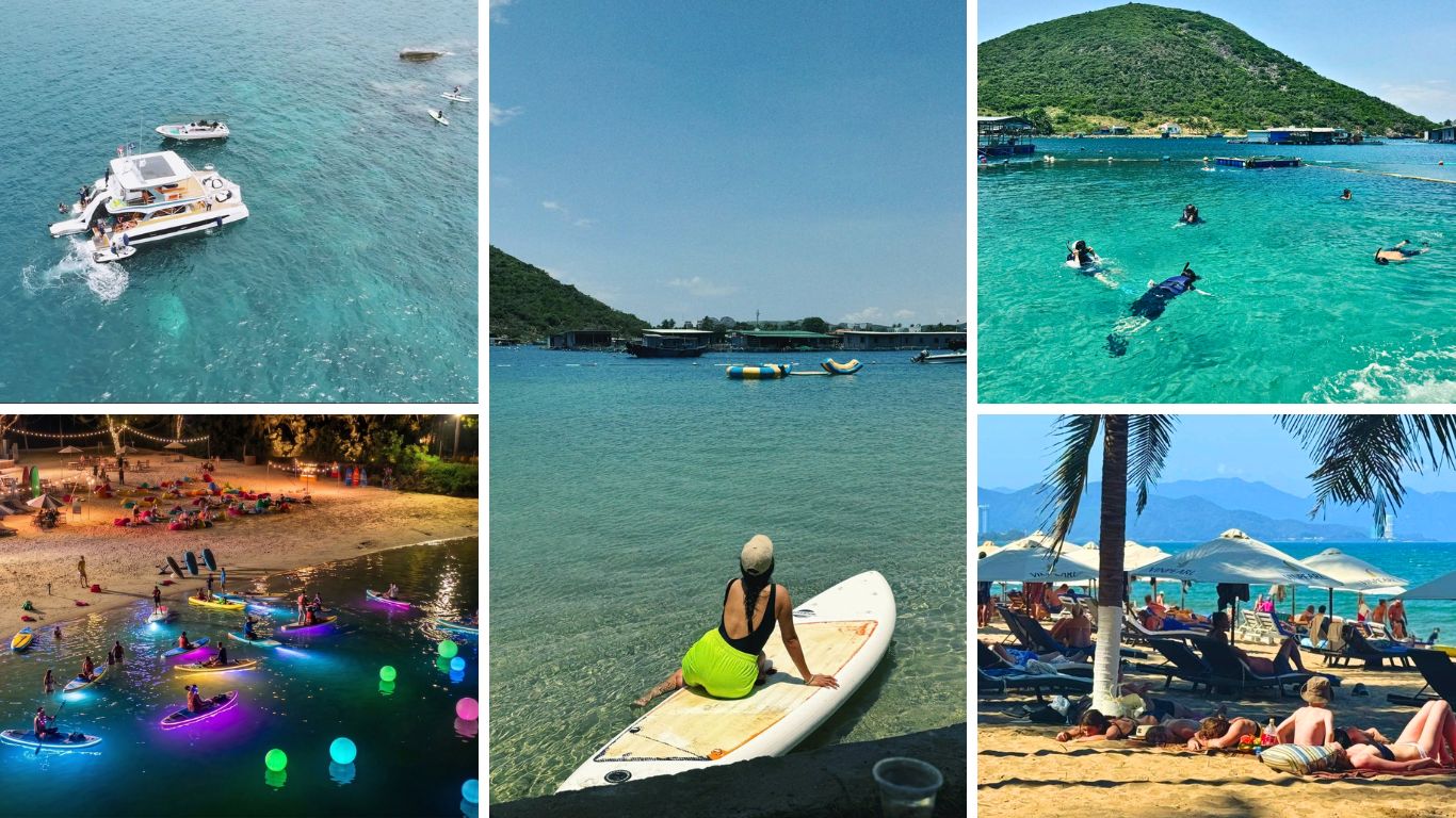 Nha Trang beach activities in May including island boat tour, snorkeling, SUP, beach club and night kayaking