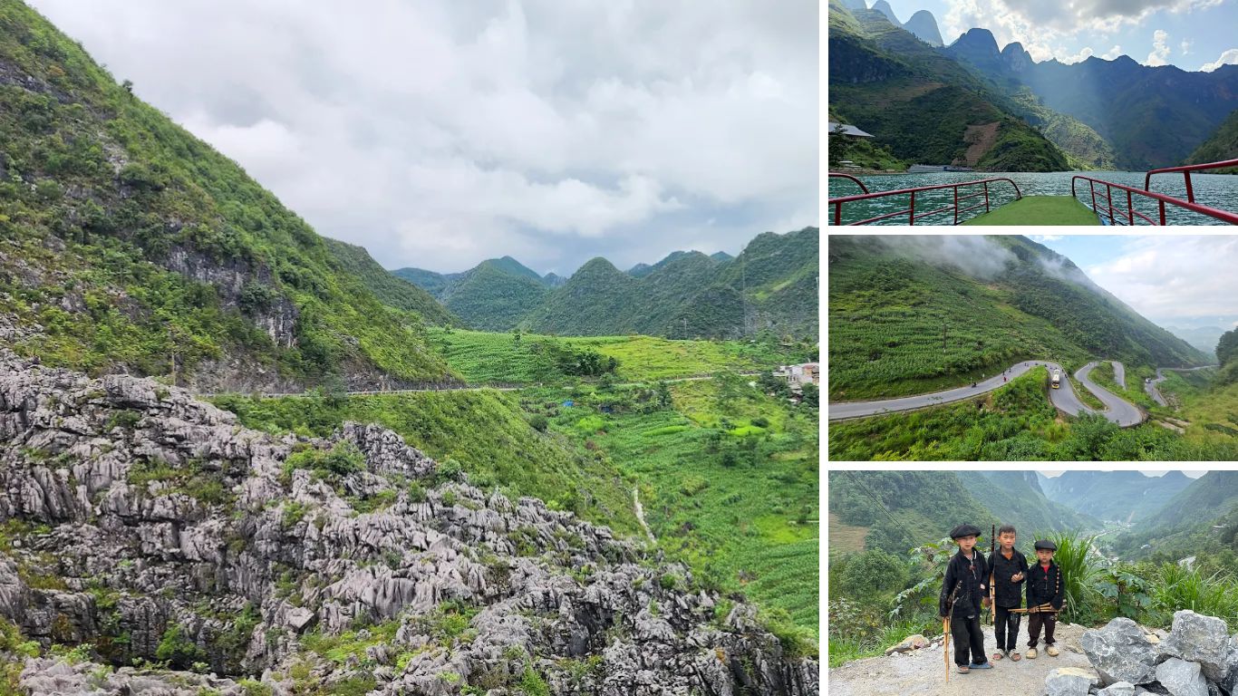 Dong Van Karst Plateau Ha Giang Loop in July with karst mountains, Nho Que River, winding road and local Hmong children