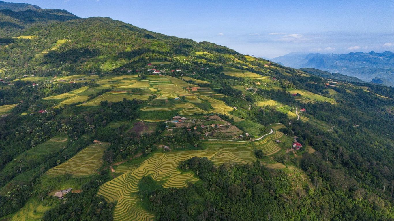 Du Gia village aerial view with green rice terraces on the Ha Giang Loop in July