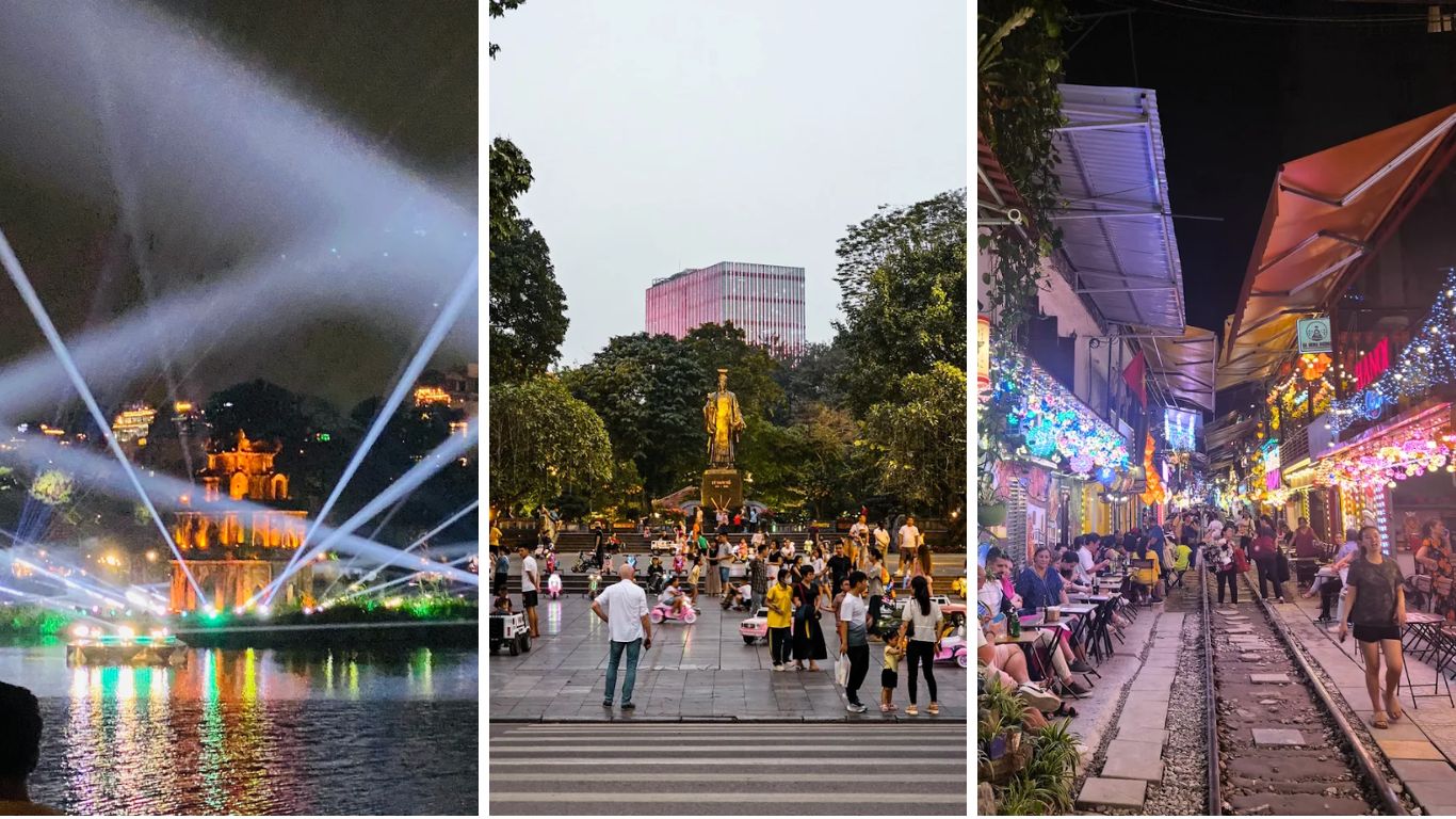 Hanoi evening summer nightlife Hoan Kiem Lake Old Quarter Train Street locals July
