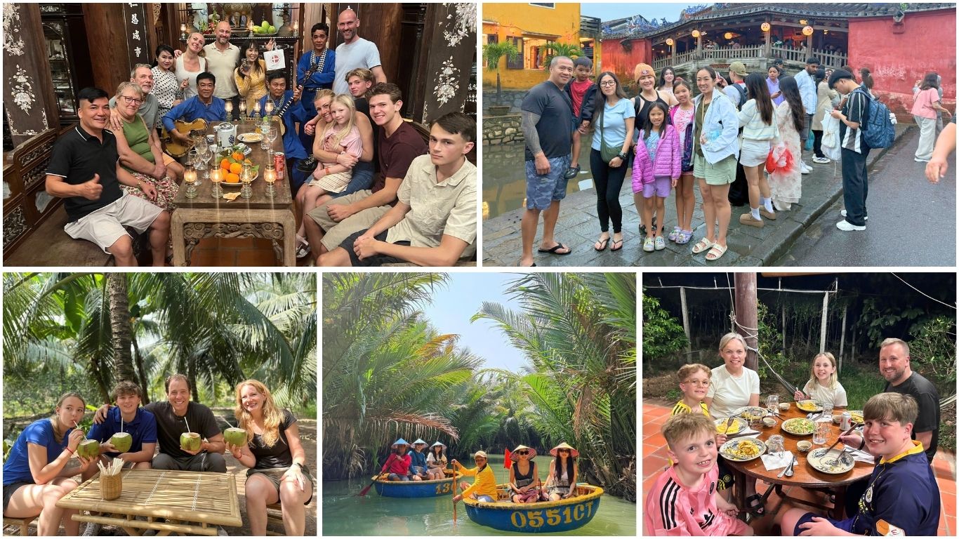families with kids enjoying Vietnam beach holiday activities in Hoi An including boat tour cooking class and local dining