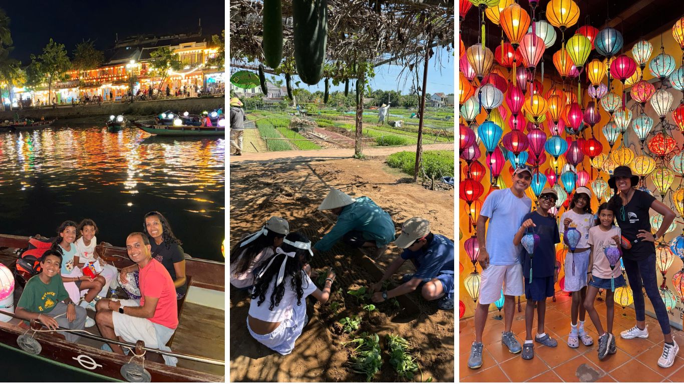 family with kids in Hoi An Ancient Town at night lantern shopping and farm experience Vietnam holiday