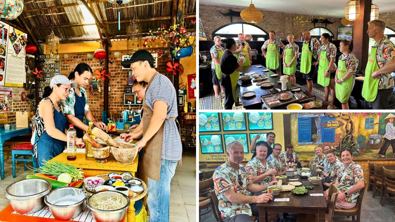 Travelers joining a hands-on Hoi An cooking class with local chefs, group instruction, and shared dining experience in a traditional Vietnamese kitchen setting