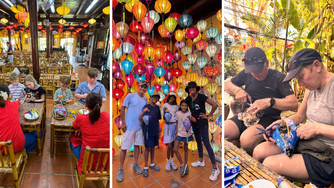 Families and travelers making traditional silk lanterns in Hoi An lantern making workshop, a popular cultural add-on for private cooking class tours in Hoi An Vietnam