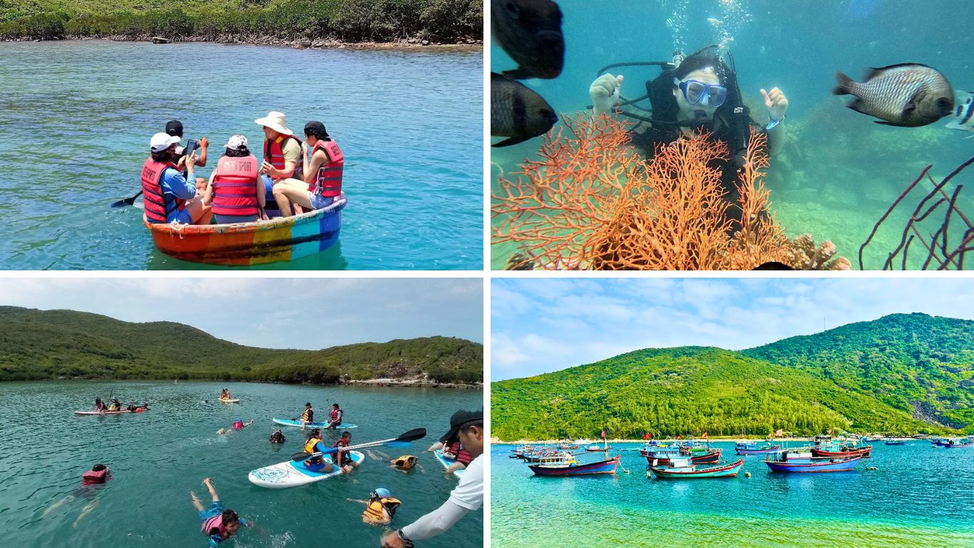 Nha Trang in June water activities including basket boat, scuba diving, SUP and island hopping with clear turquoise sea