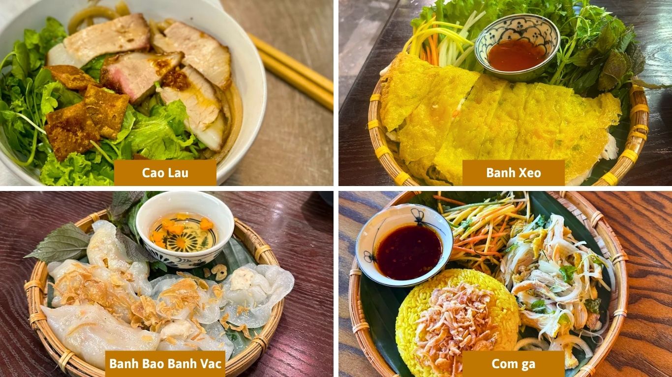 Must-try Hoi An dishes including Cao Lau noodles, Banh Xeo crispy crepe, Banh Bao Banh Vac white rose dumplings, and Com Ga chicken rice for Hoi An cooking class and food tours