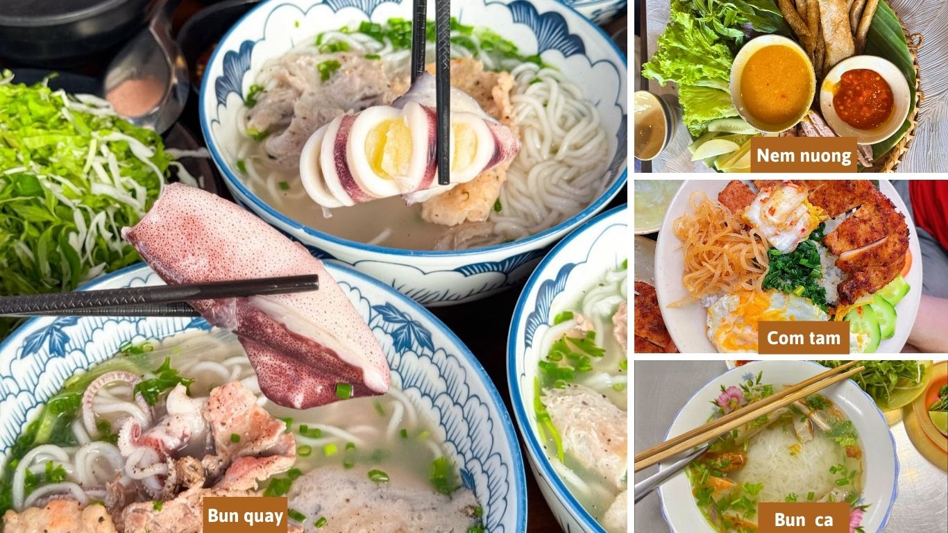 Nha Trang local food including bun quay, nem nuong, com tam and bun ca must try dishes