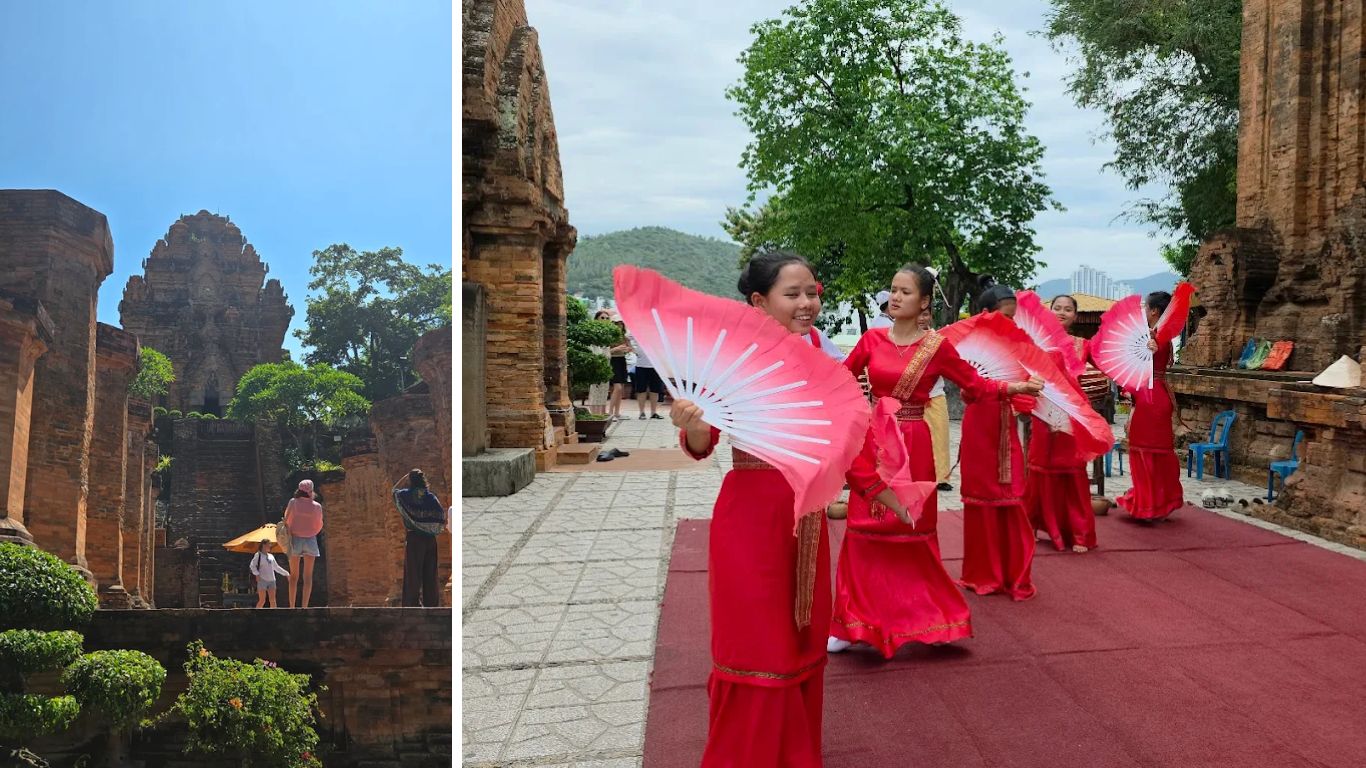 Po Nagar Cham Towers Nha Trang in July with traditional Cham dance performance and visitors exploring the ancient site
