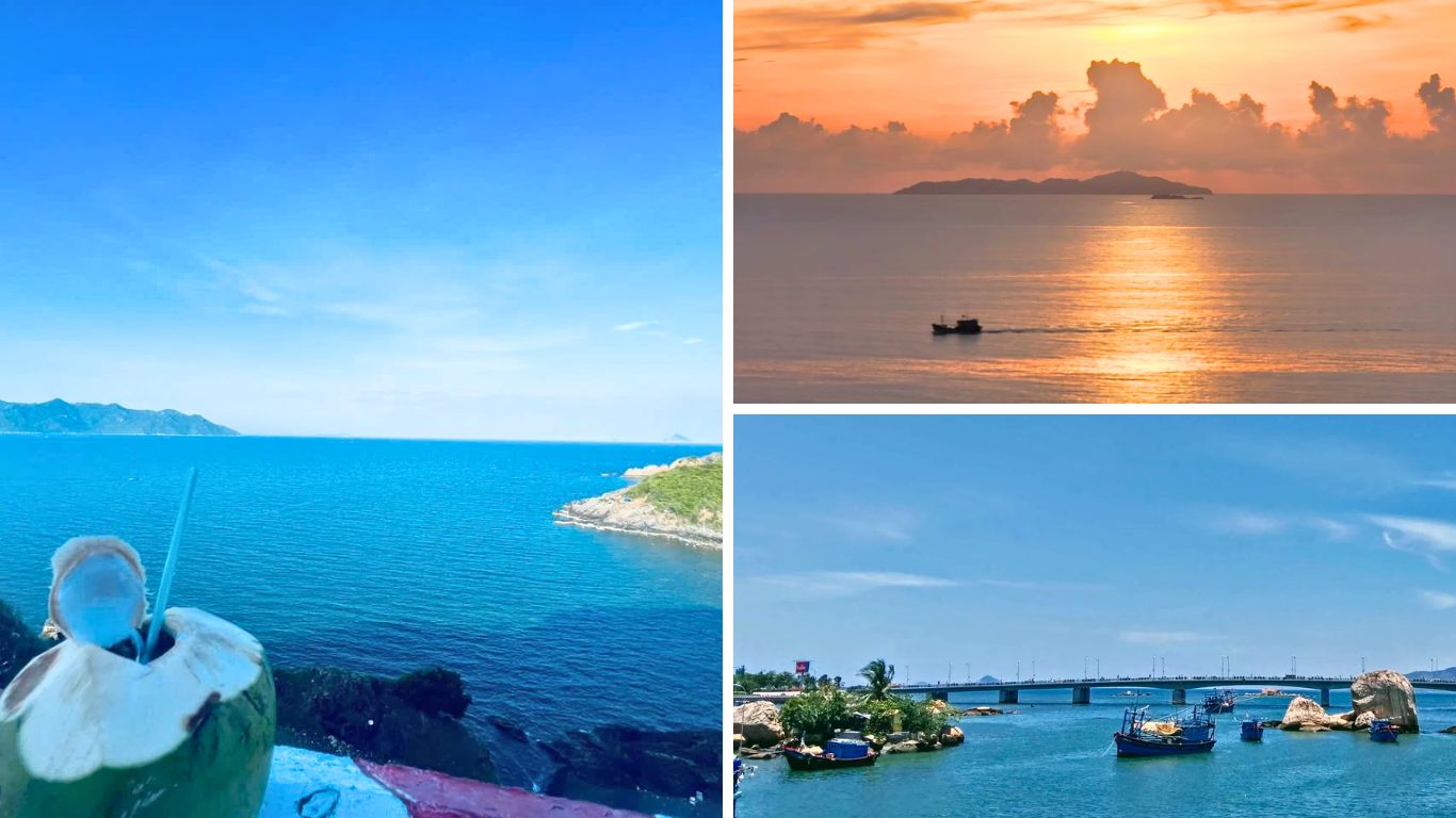 Nha Trang bay calm sea and golden sunset in June with coastal views and fishing boats