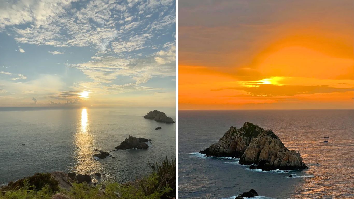 Nha Trang sunrise and sunset coastal views in June with rocky islands and golden sky