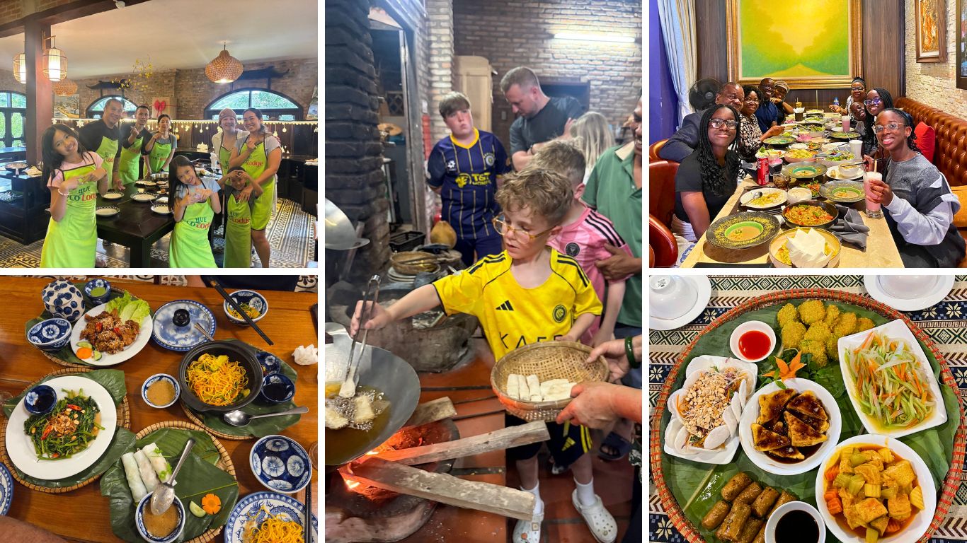 families with kids enjoying Vietnamese food and cooking class on Vietnam beach holiday