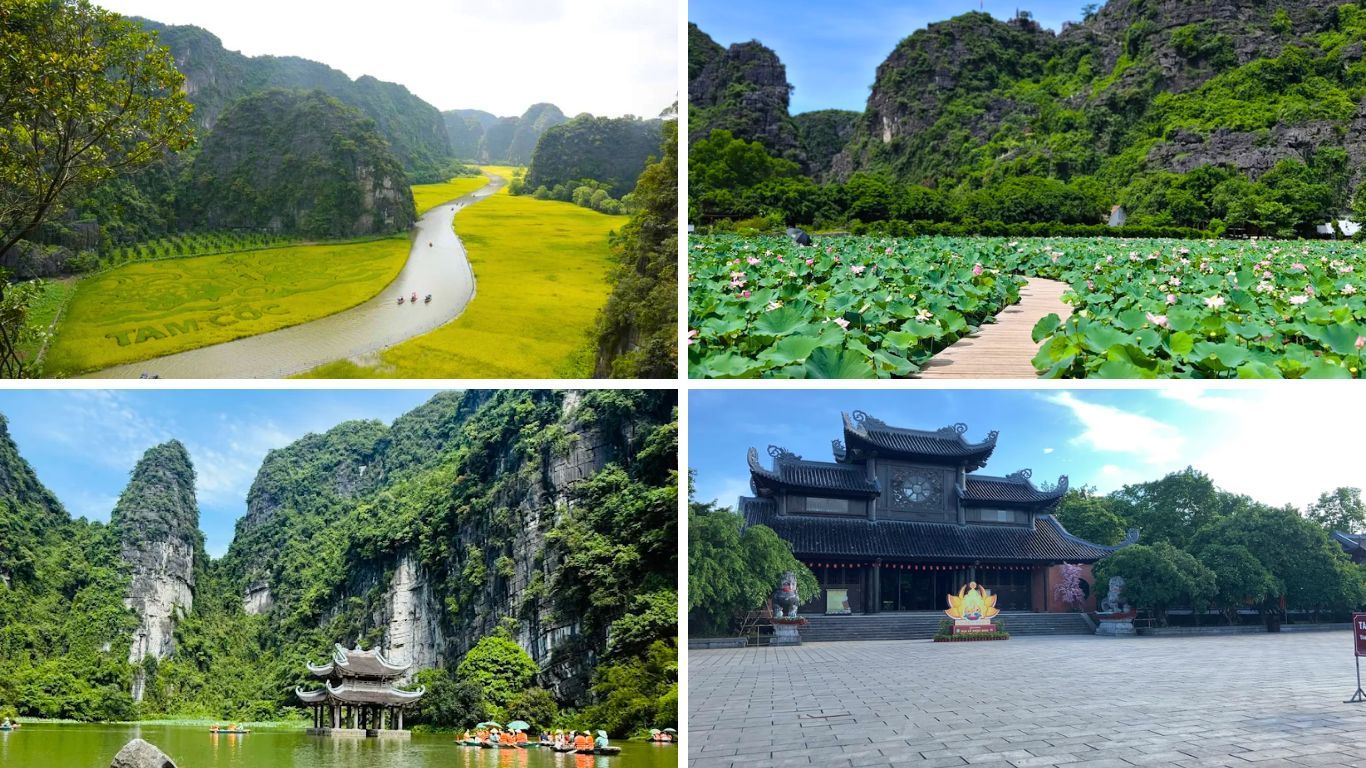 Ninh Binh in July highlights including Tam Coc rice fields, lotus pond in bloom, Trang An limestone karsts and Bai Dinh Temple