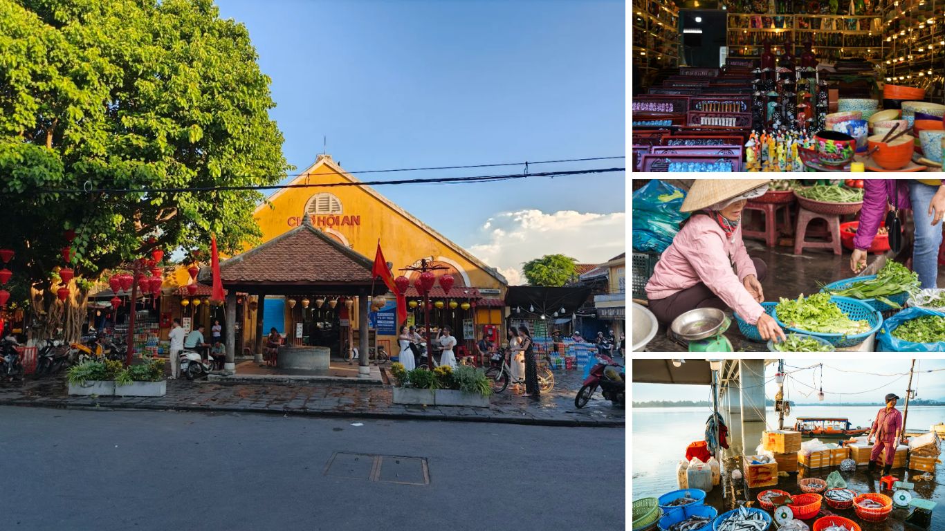 Hoi An local market experience including Cho Hoi An entrance, fresh herb vendor, handicraft stalls, and riverside seafood boats for cooking class tours in Hoi An Vietnam