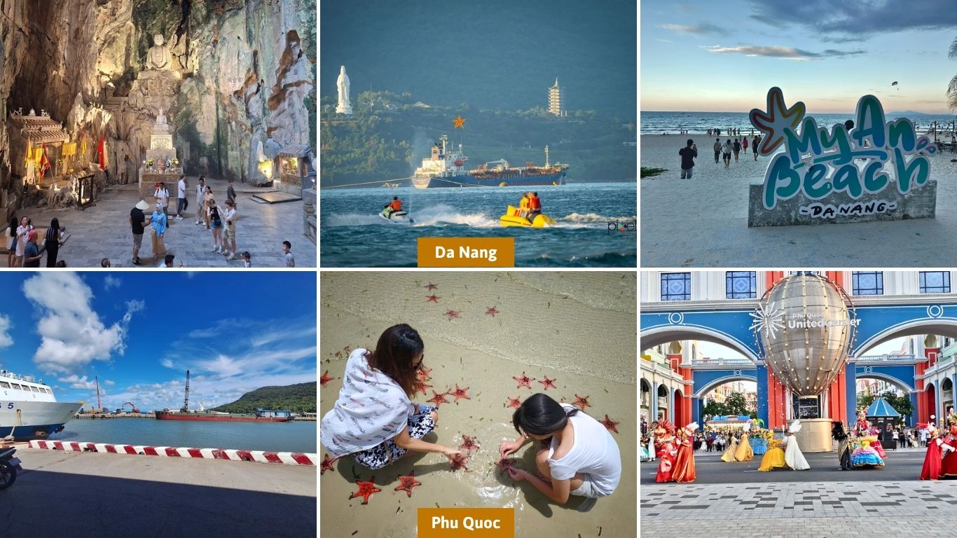 Da Nang and Phu Quoc travel highlights collage showing Marble Mountains, My An Beach, watersports, and Phu Quoc starfish beach and harbor in Vietnam