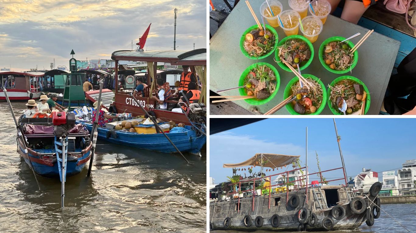 Cai Rang floating market Mekong Delta in July with trading boats and breakfast on the river