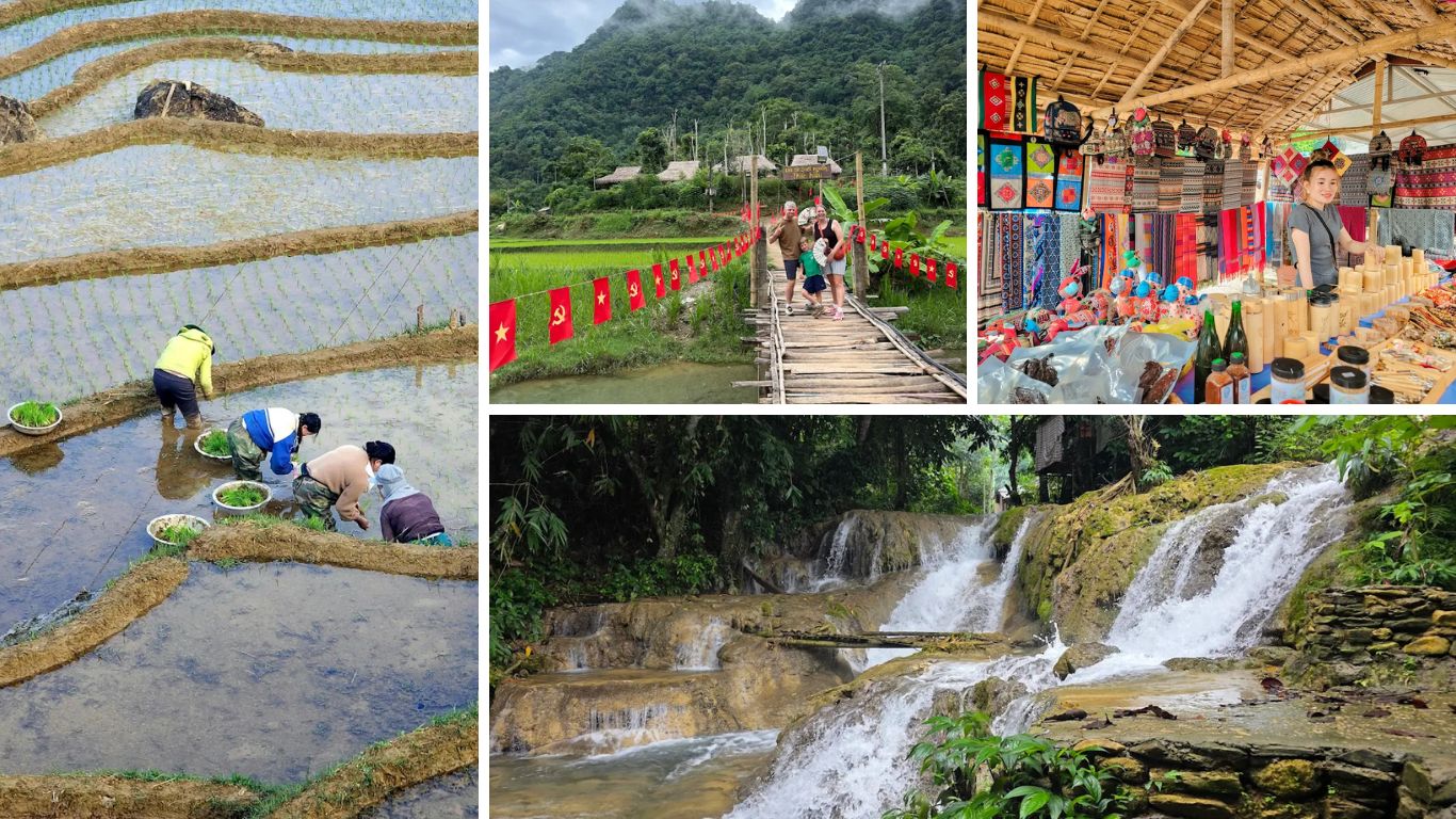 Pu Luong July rice planting village life local market waterfall Vietnam