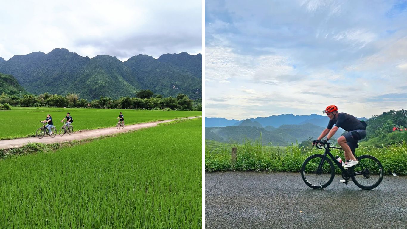 Cycling Pu Luong lower valley roads rice fields Vietnam July