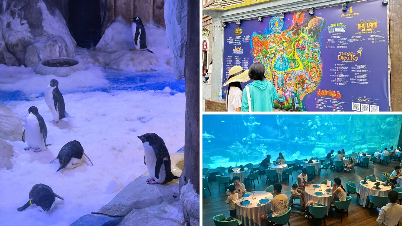 VinWonders Phu Quoc indoor attractions including penguin exhibit, theme park map and aquarium restaurant, top rainy day activity in Phu Quoc in July