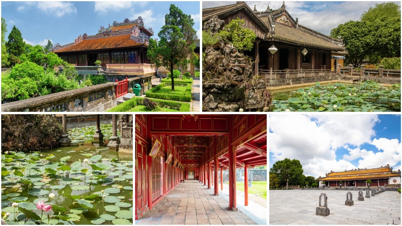Lotus ponds and imperial buildings inside Hue's Citadel during lotus season in July