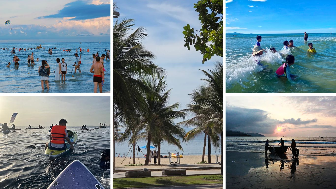Beach activities in Da Nang including swimming, kayaking and sunrise fishing