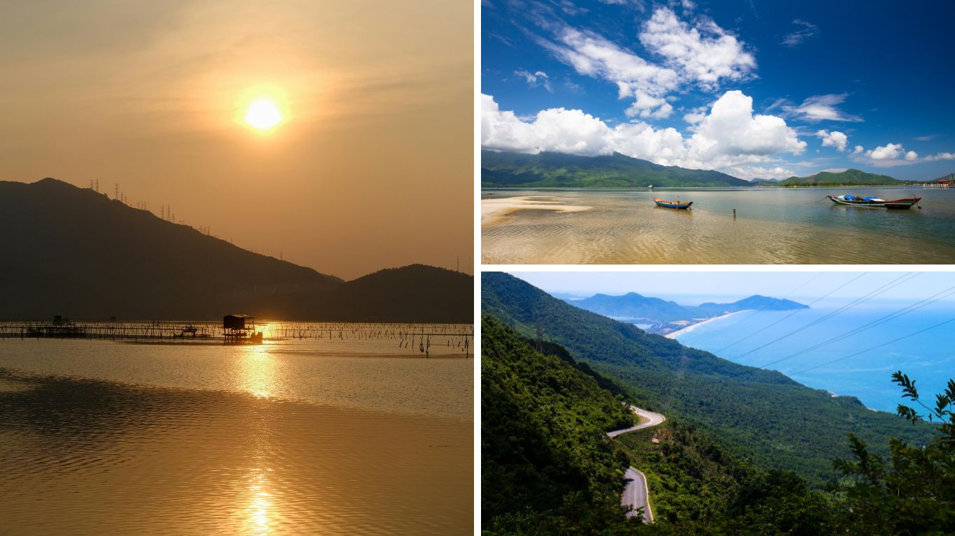 Sunset lagoon and coastal mountain views along Hai Van Pass near Hue in summer