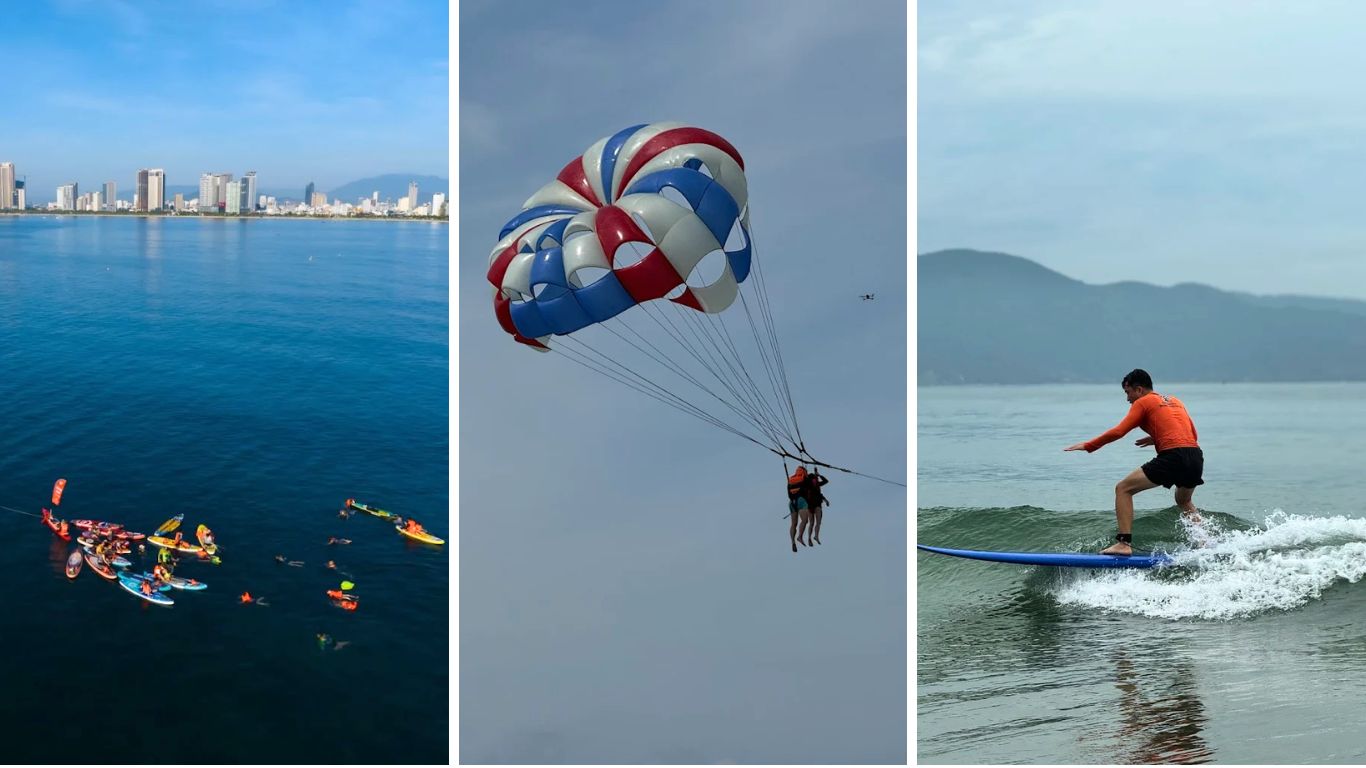 Water sports in Da Nang including kayaking, parasailing and paddleboard surfing