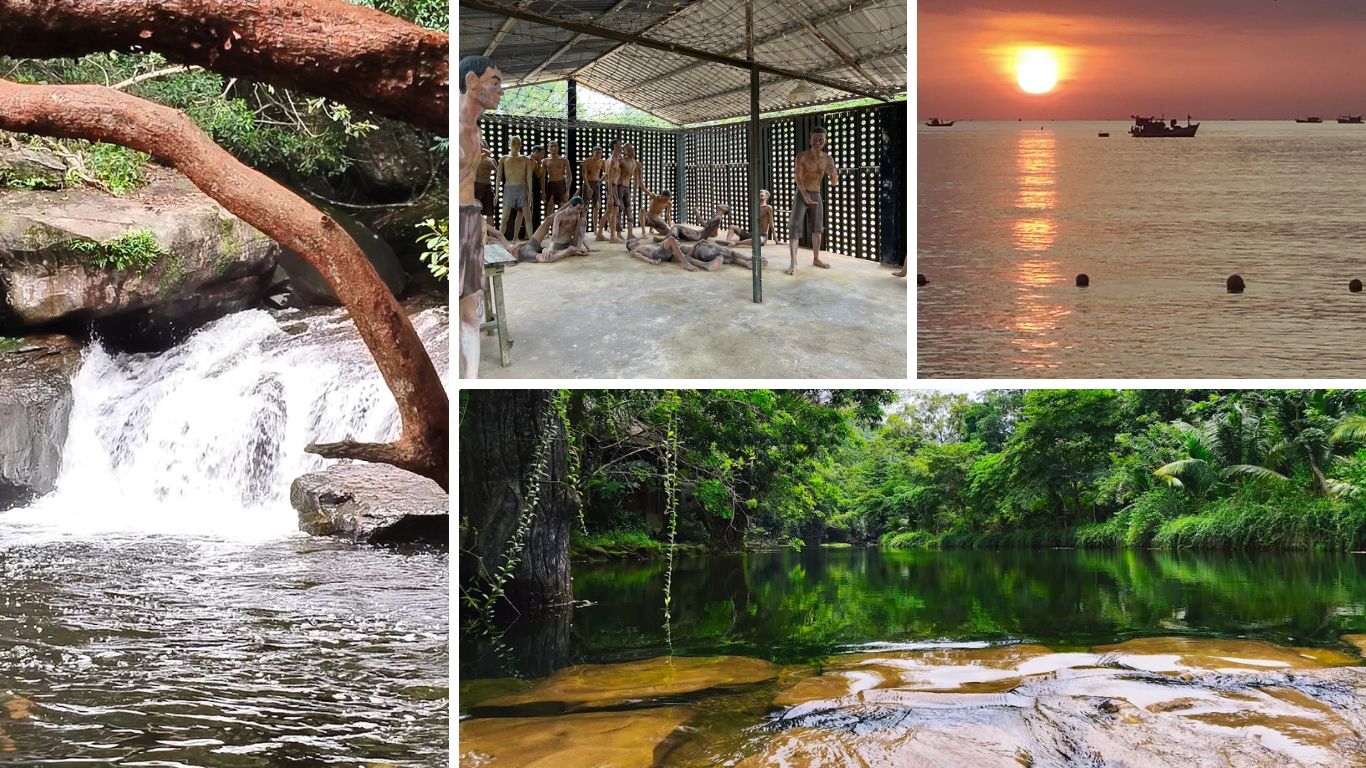 Phu Quoc attractions collage showing Suoi Tranh Waterfall, Coconut Tree Prison memorial and sunset over the sea, things to do in Phu Quoc in July