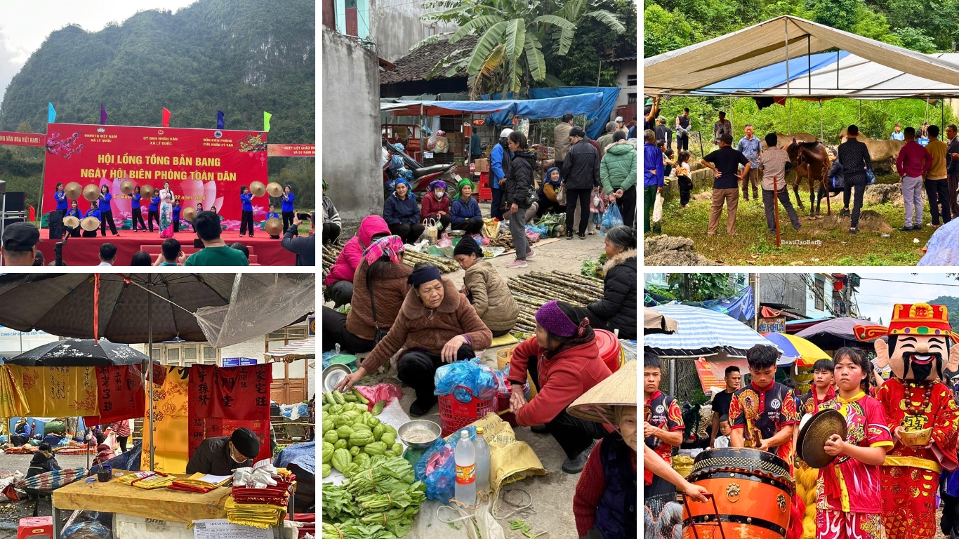 Long Tong Festival celebrations in Cao Bang, spring lunar new year traditions, village market, and lion dance performance in northeast Vietnam.
