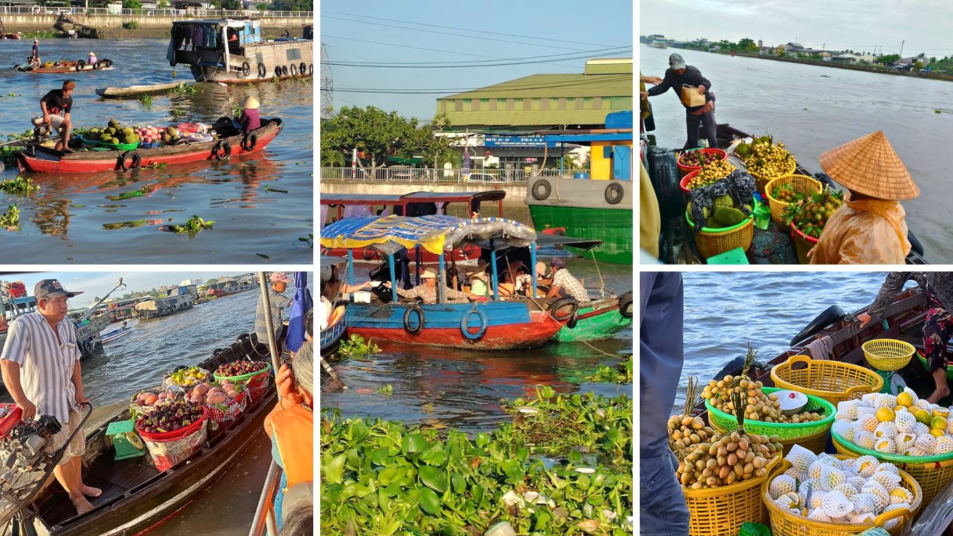 Mekong Delta in July floating market with fruit boats selling rambutan, longan, and mangosteen