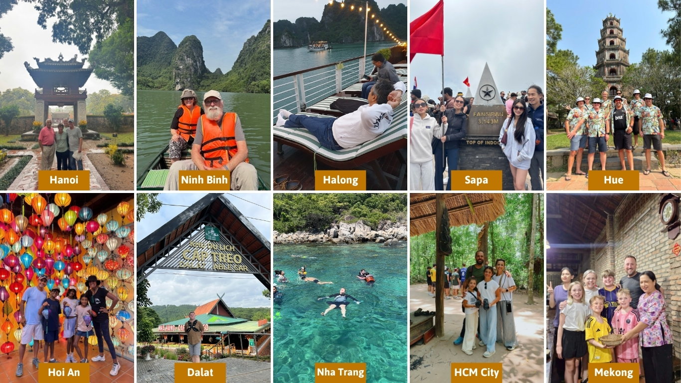 Vietnam 20 day tour highlights across Hanoi, Ninh Binh, Halong Bay, Sapa Fansipan peak, Hue, Hoi An lanterns, Dalat cable car, Nha Trang snorkeling, HCM City, and Mekong Delta