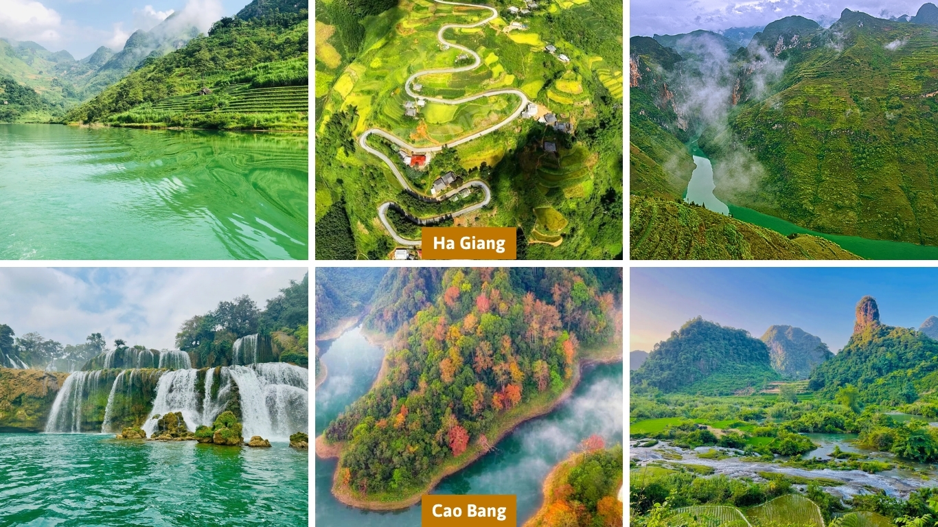 Ha Giang Loop mountain roads and canyons compared with Cao Bang Loop waterfalls and river valleys in Northern Vietnam
