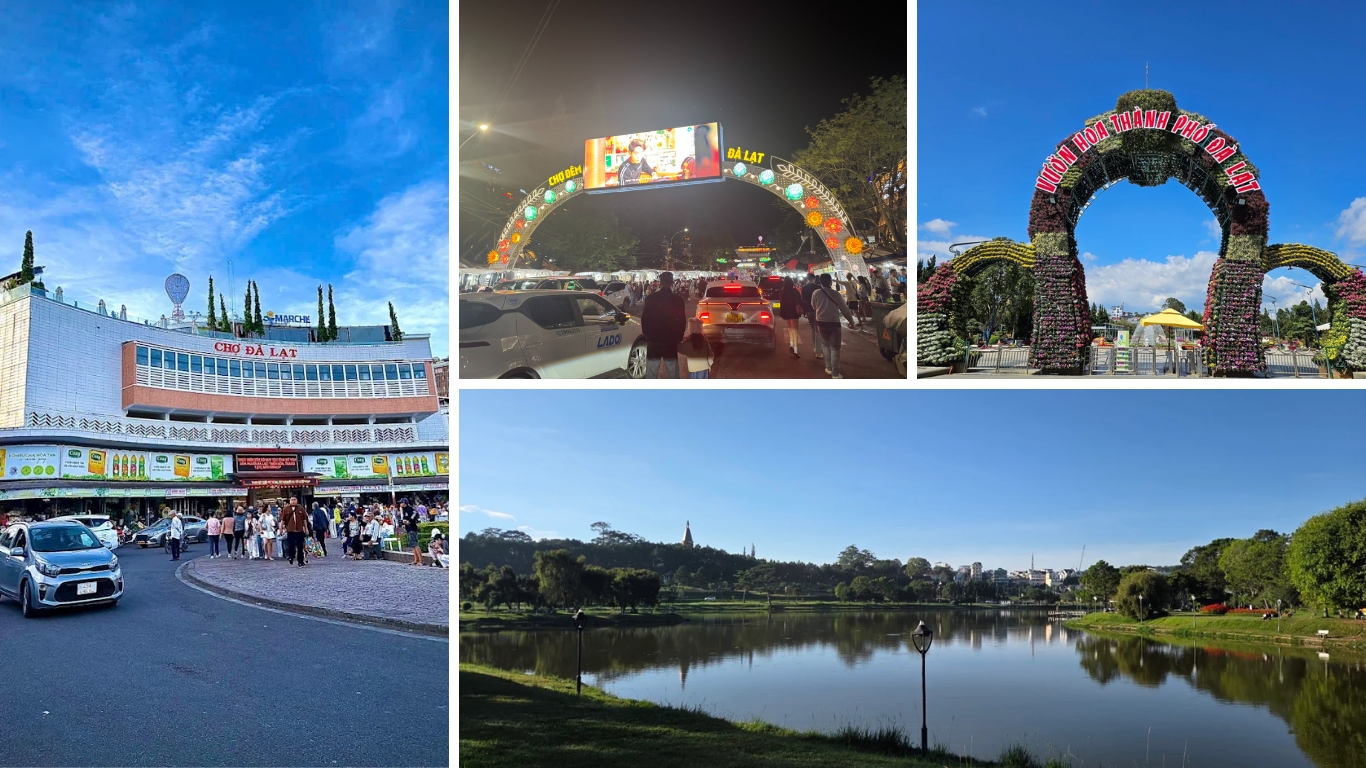 Da Lat collage showing Da Lat Market building, the night market entrance arch, the flower garden gate, and Xuan Huong Lak