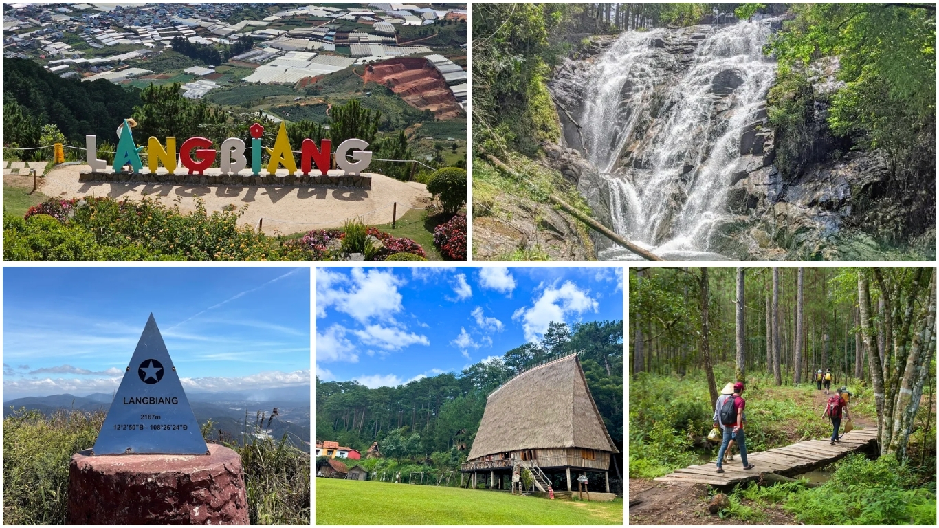 Da Lat collage showing Lang Biang Mountain sign, a waterfall, the Lang Biang summit marker, a traditional stilt house, and hikers on a pine forest trail