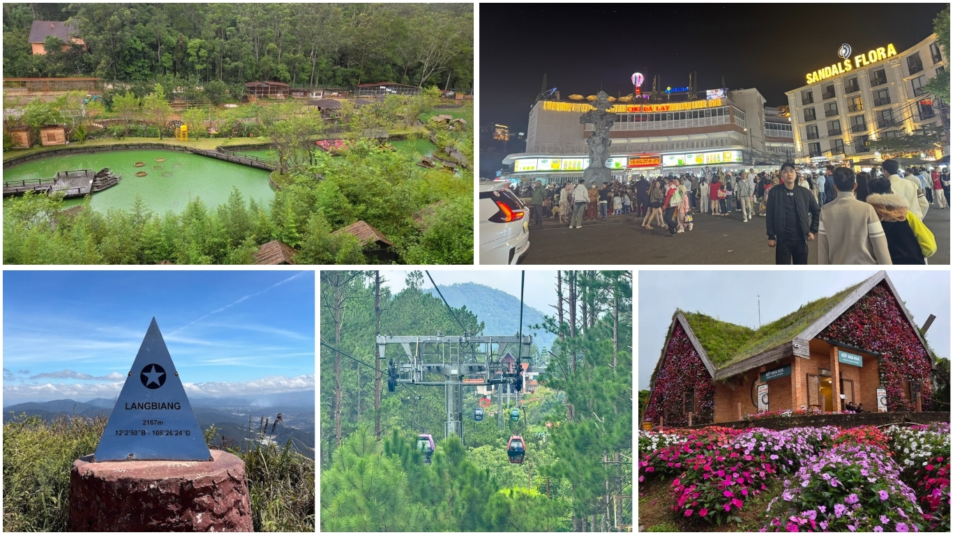 Da Lat Vietnam highlights showing pine forest lake, night market street, Langbiang peak summit, cable car over pine forest, and flower covered cafe house