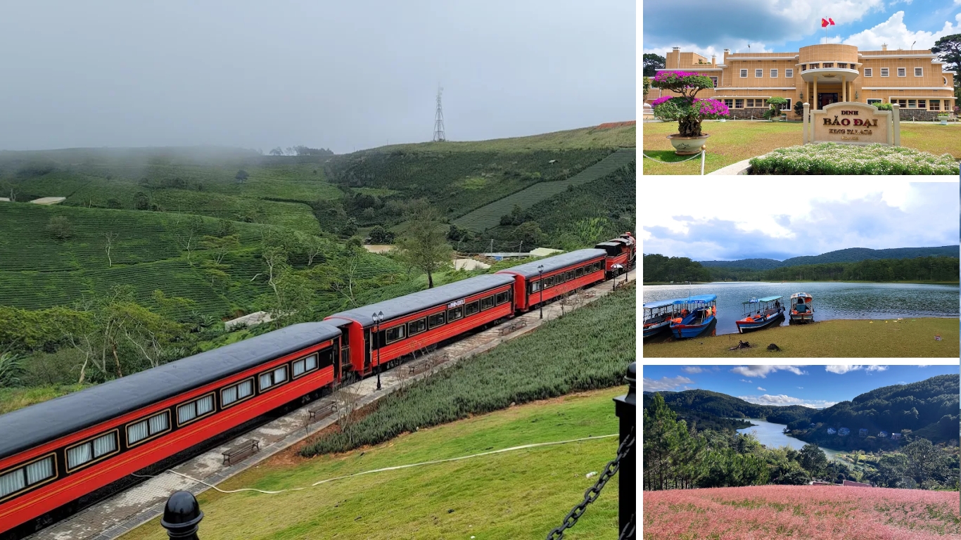 Da Lat collage showing the Da Lat railway train through tea hills, Bao Dai Palace, boats on Tuyen Lam Lake, and a pink flower field by the lake