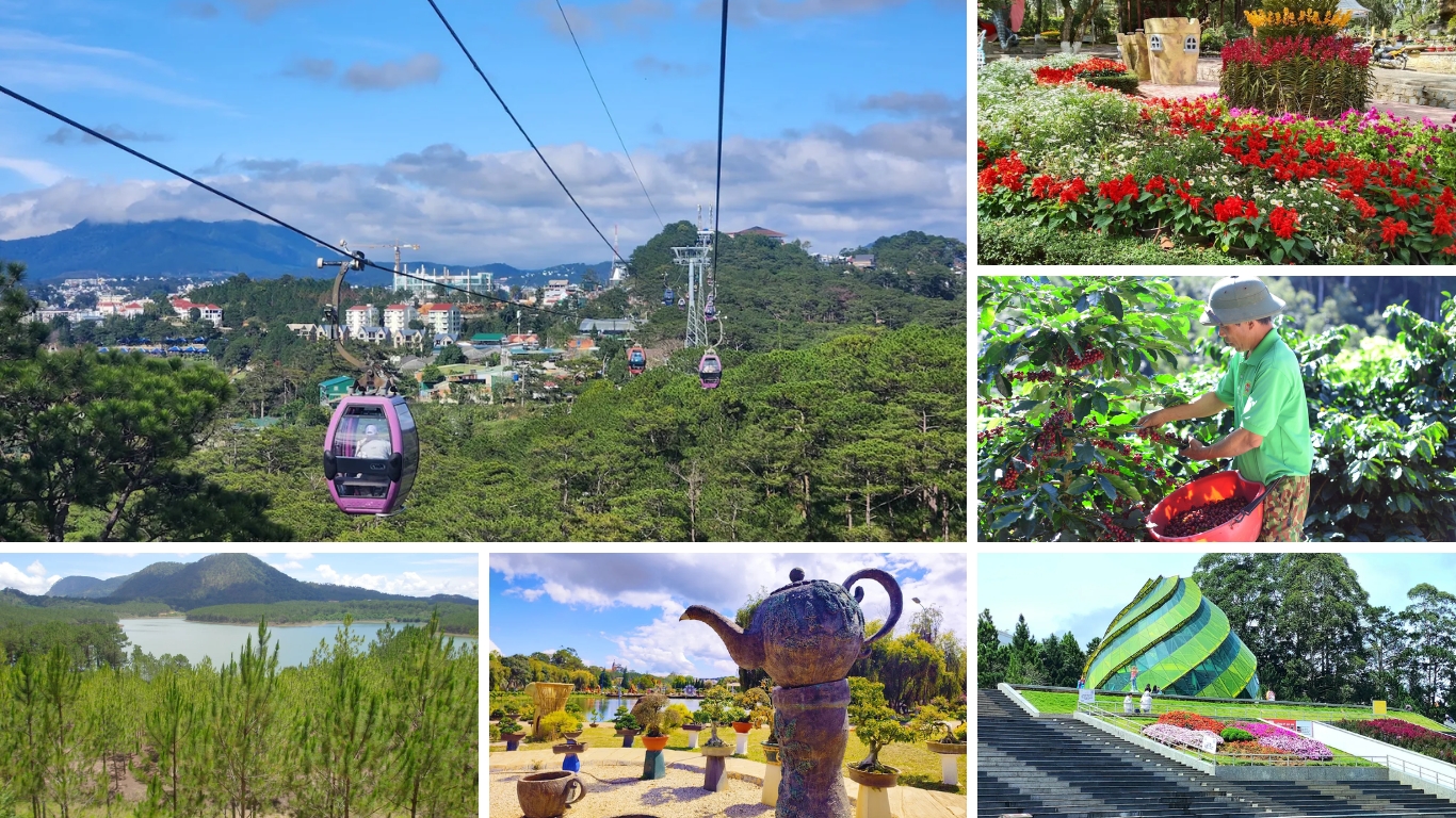 Da Lat collage showing a cable car over pine forest, a flower garden, a coffee farm, and Tuyen Lam Lake