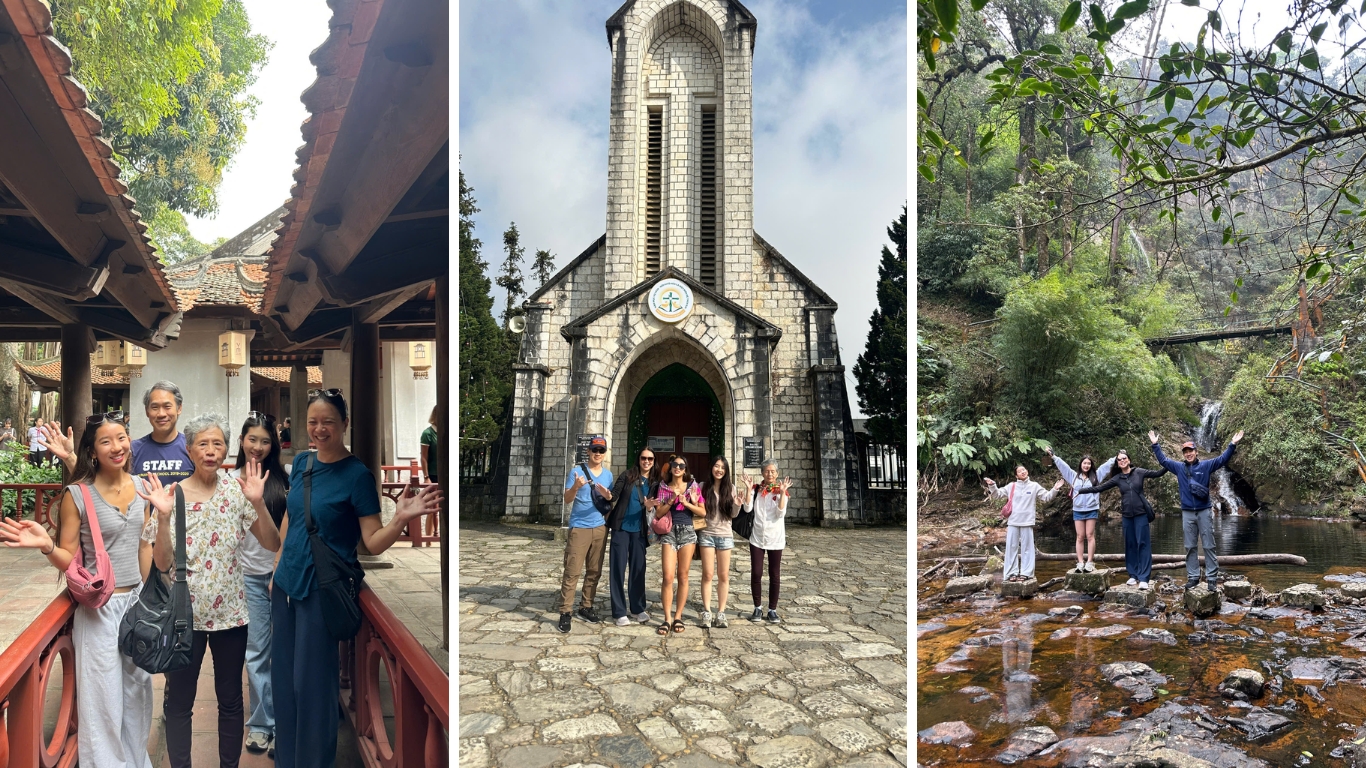 Hanoi temple visit, Sapa stone church stop, and waterfall trekking on the Hanoi to Sapa route