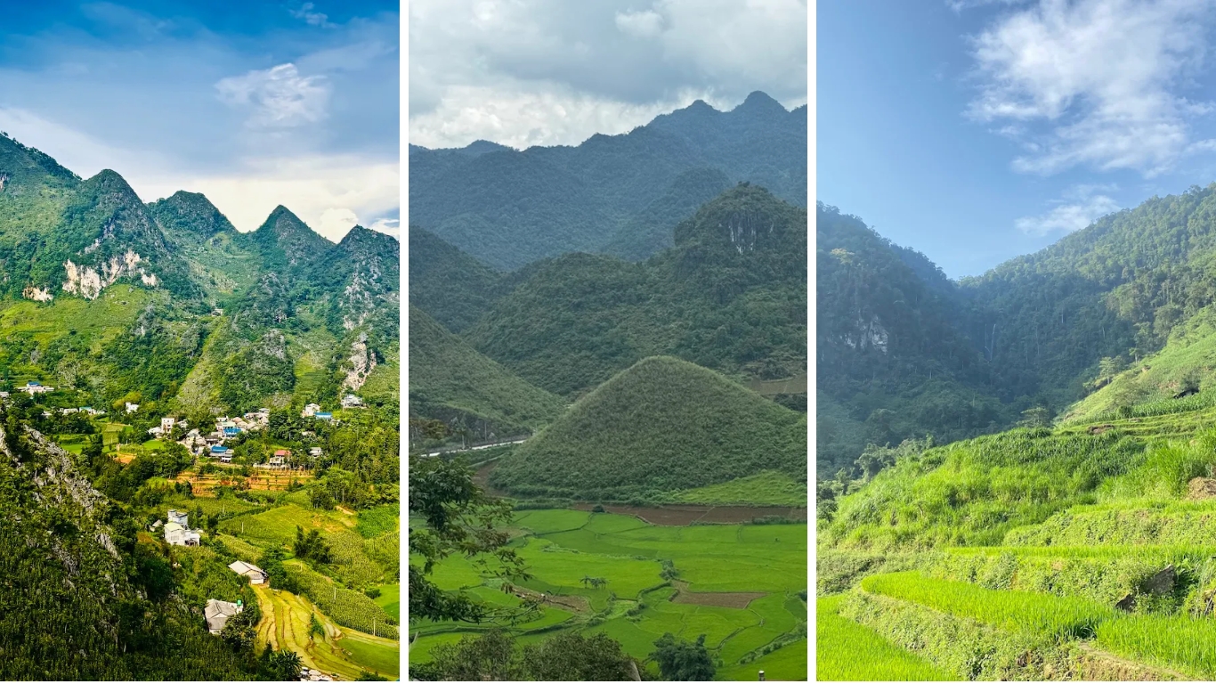 Ha Giang Loop in August, green karst mountains, valleys, and rice terraces along the route