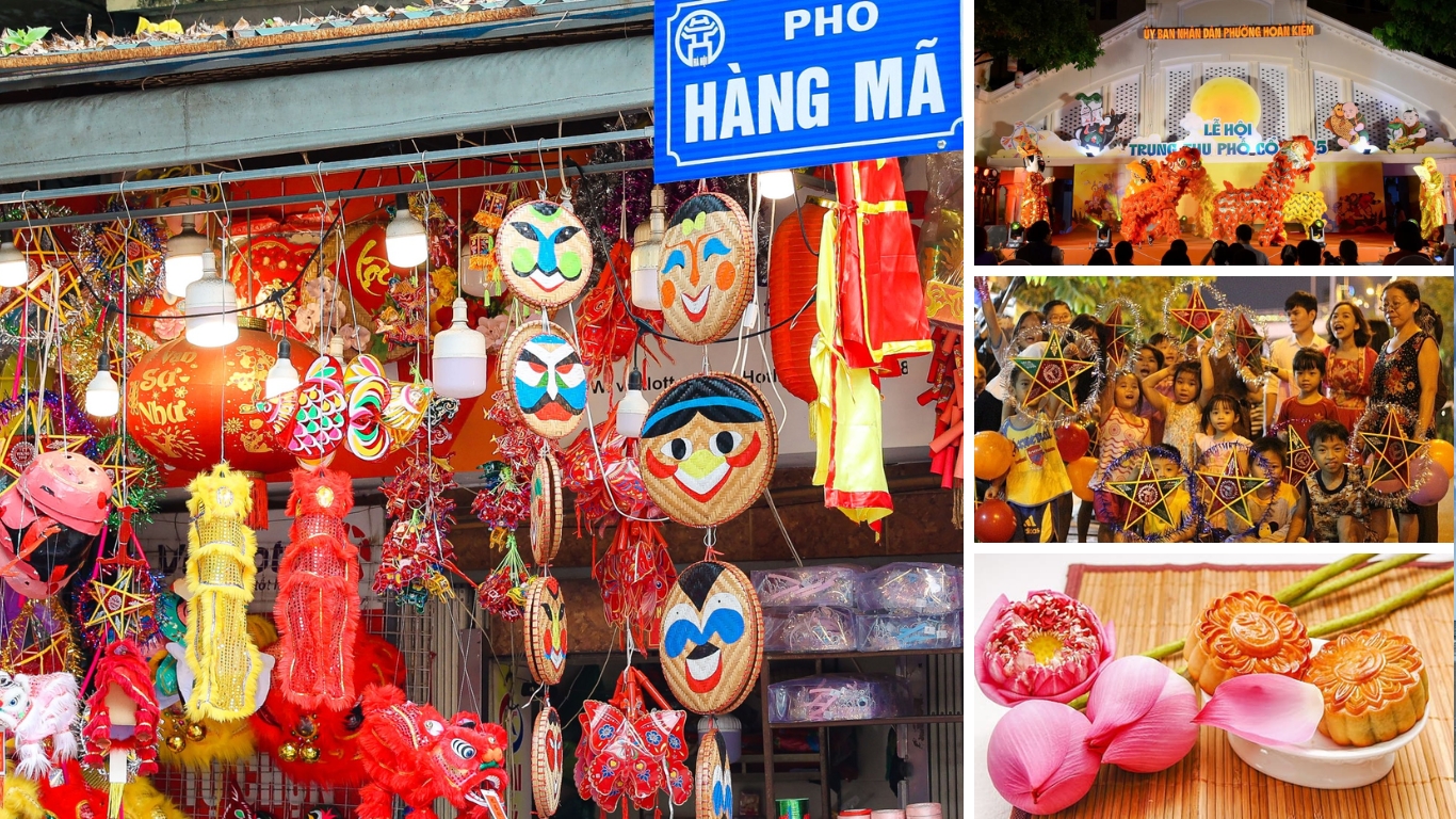 Hang Ma Street Hanoi, lanterns, lion dance and children with star lanterns, mooncakes, Tet Trung Thu Mid Autumn Festival