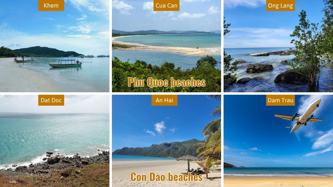 Selected Phu Quoc beaches including Khem, Cua Can and Ong Lang compared with Con Dao beaches including Dat Doc, An Hai and Dam Trau for Vietnam island trip planning