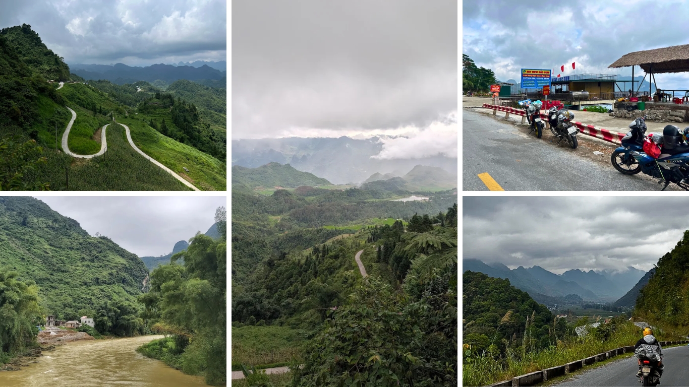 Ha Giang Loop road conditions in August, motorbike riding, mountain passes, and river during rainy season