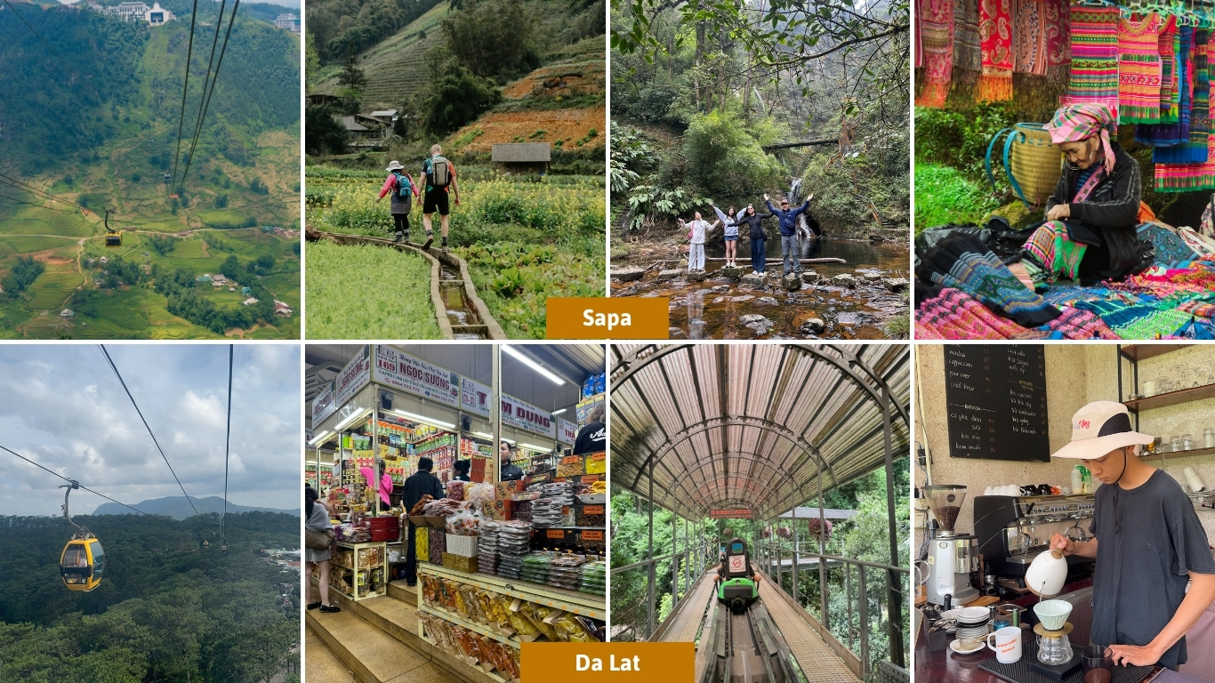 Sapa versus Da Lat things to do comparison showing Fansipan cable car, Muong Hoa Valley trekking, waterfall trek, Hmong market stall, Da Lat cable car, local market, alpine coaster, and coffee brewing in Da Lat
