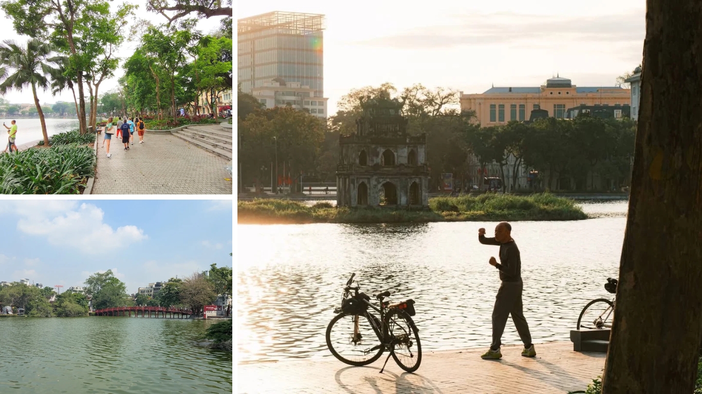 Hoan Kiem Lake Hanoi, morning walk, tai chi and red bridge by the water, Hanoi sightseeing