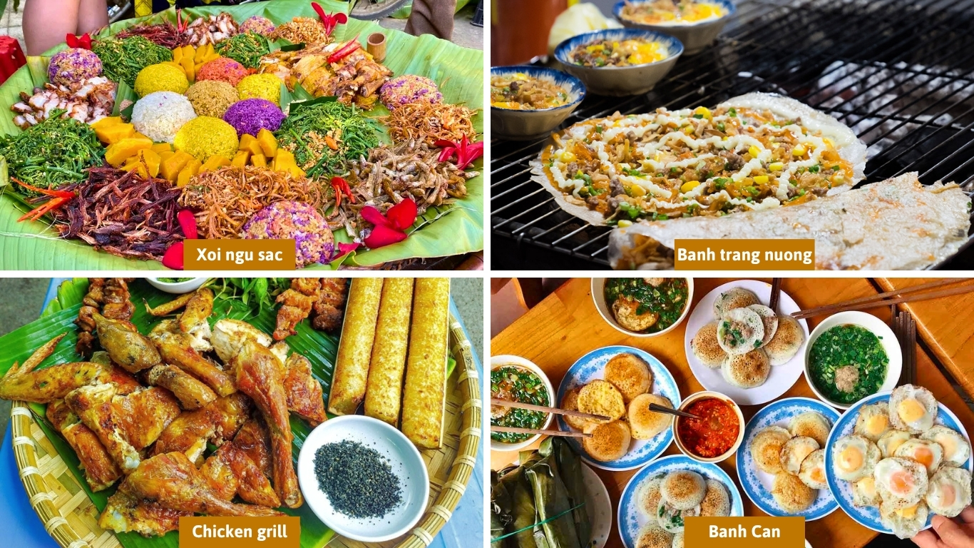Must try food in Sapa and Da Lat Vietnam including five color sticky rice xoi ngu sac, grilled rice paper banh trang nuong, grilled chicken, and mini pancakes banh can
