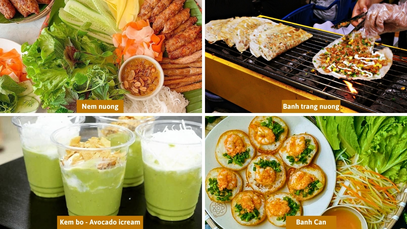 Da Lat food collage showing nem nuong with fresh herbs, grilled rice paper on a charcoal grill, avocado ice cream in cups, and banh can topped with shrimp