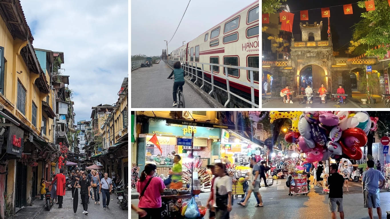 Hanoi Old Quarter street scenes, cycling by Long Bien birdge, night market and heritage gate, things to do in Hanoi